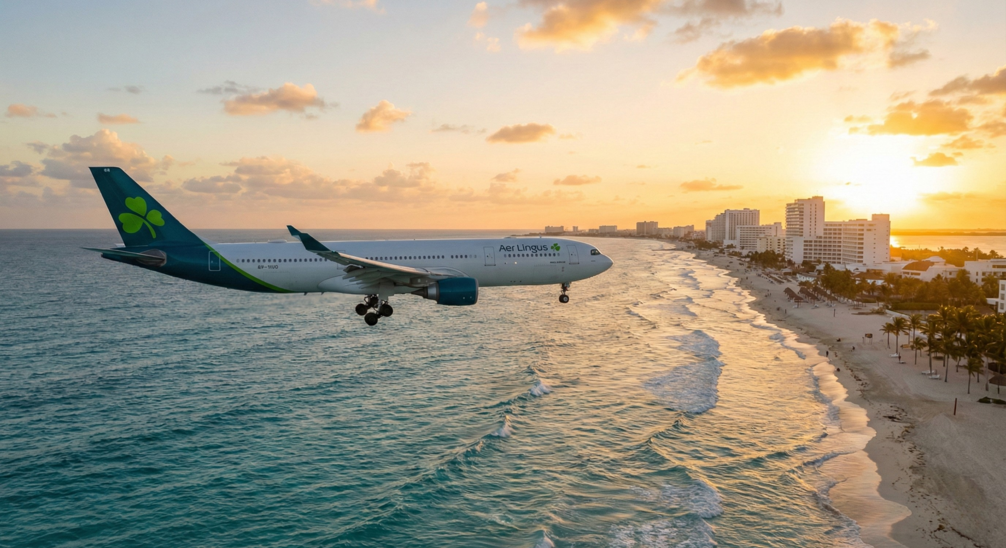 Avión de Aer Lingus aterrizando en Cancún inaugurando la nueva ruta directa desde Dublín en 2026.