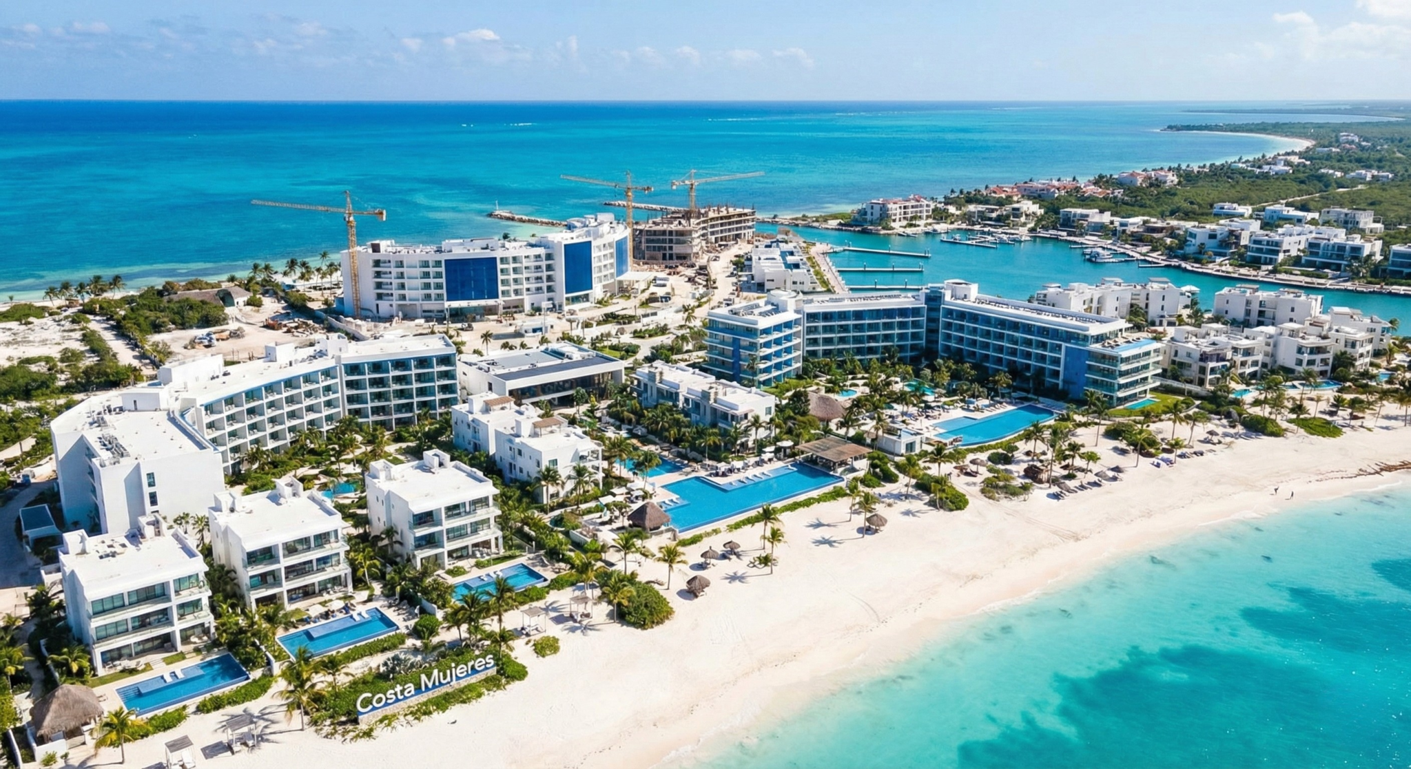 Vista aérea de nuevos desarrollos hoteleros y residenciales en la costa de Quintana Roo.