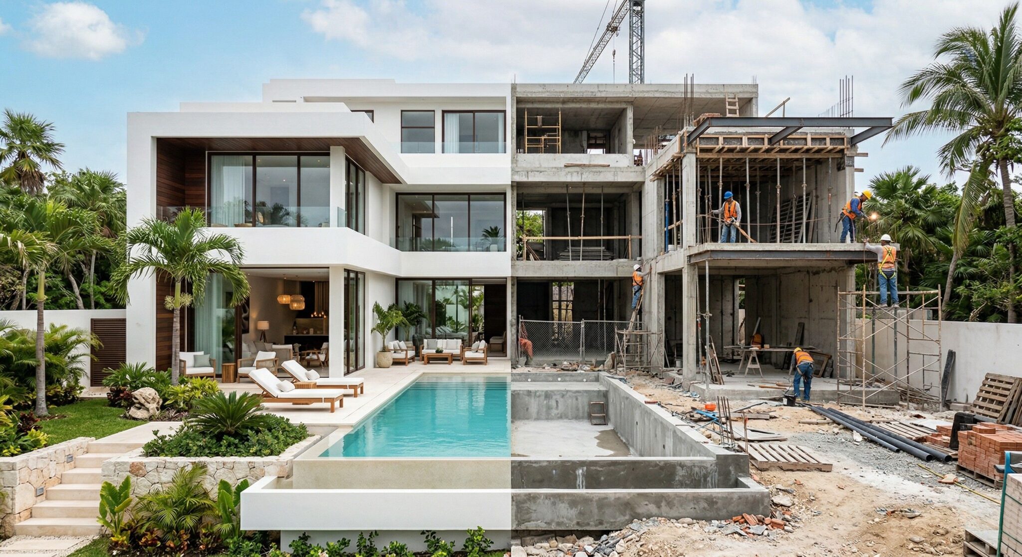 Fotografía aérea y render técnico de un proyecto arquitectónico mostrando cuánto cuesta construir una casa en Cancún.