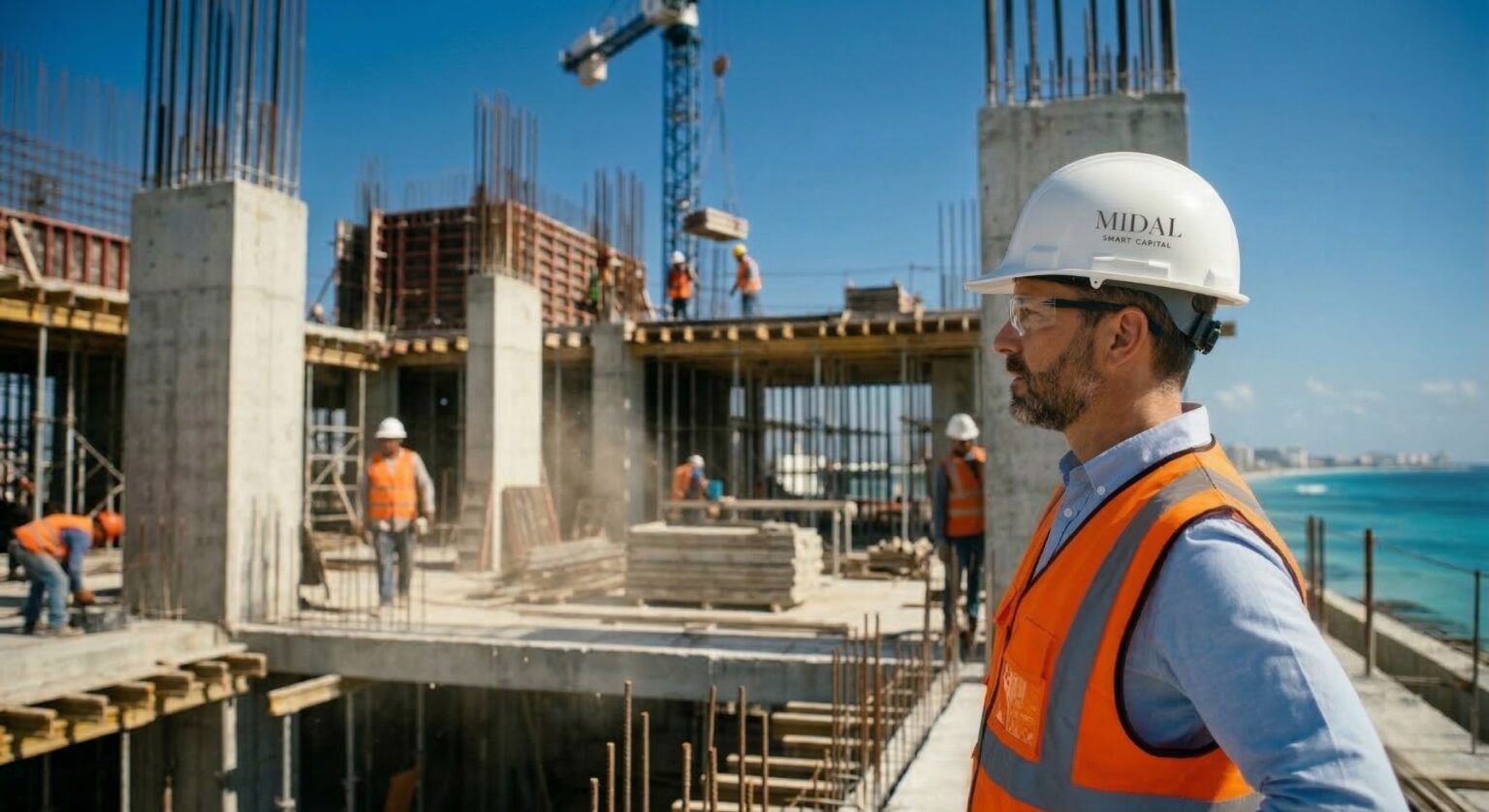 Proyecto arquitectónico de Midal, obra de construcción de edificio de lujo en Cancún.