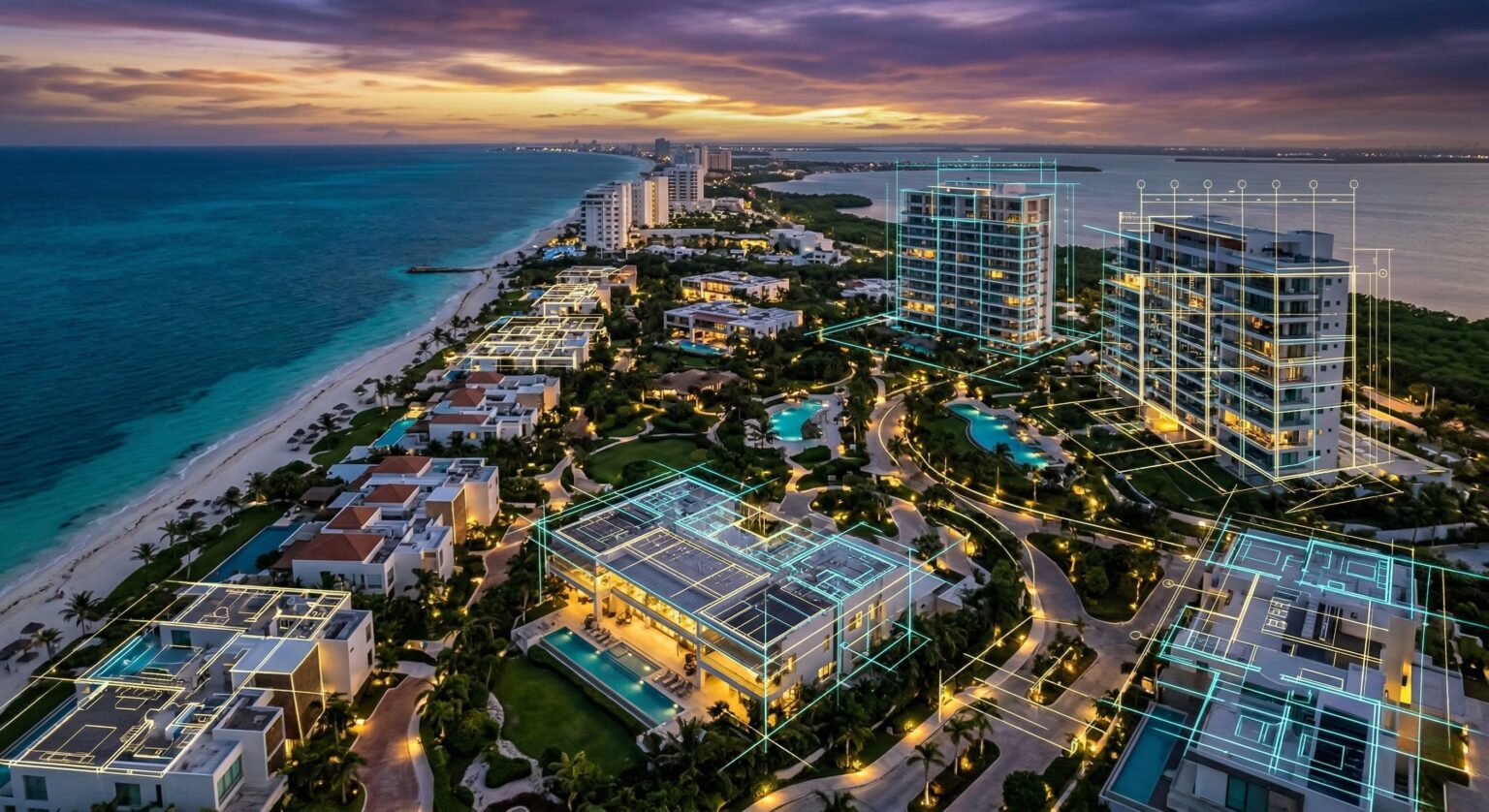 Fotografía aérea de desarrollo inmobiliario mostrando cuánto cuesta un terreno en Cancún.