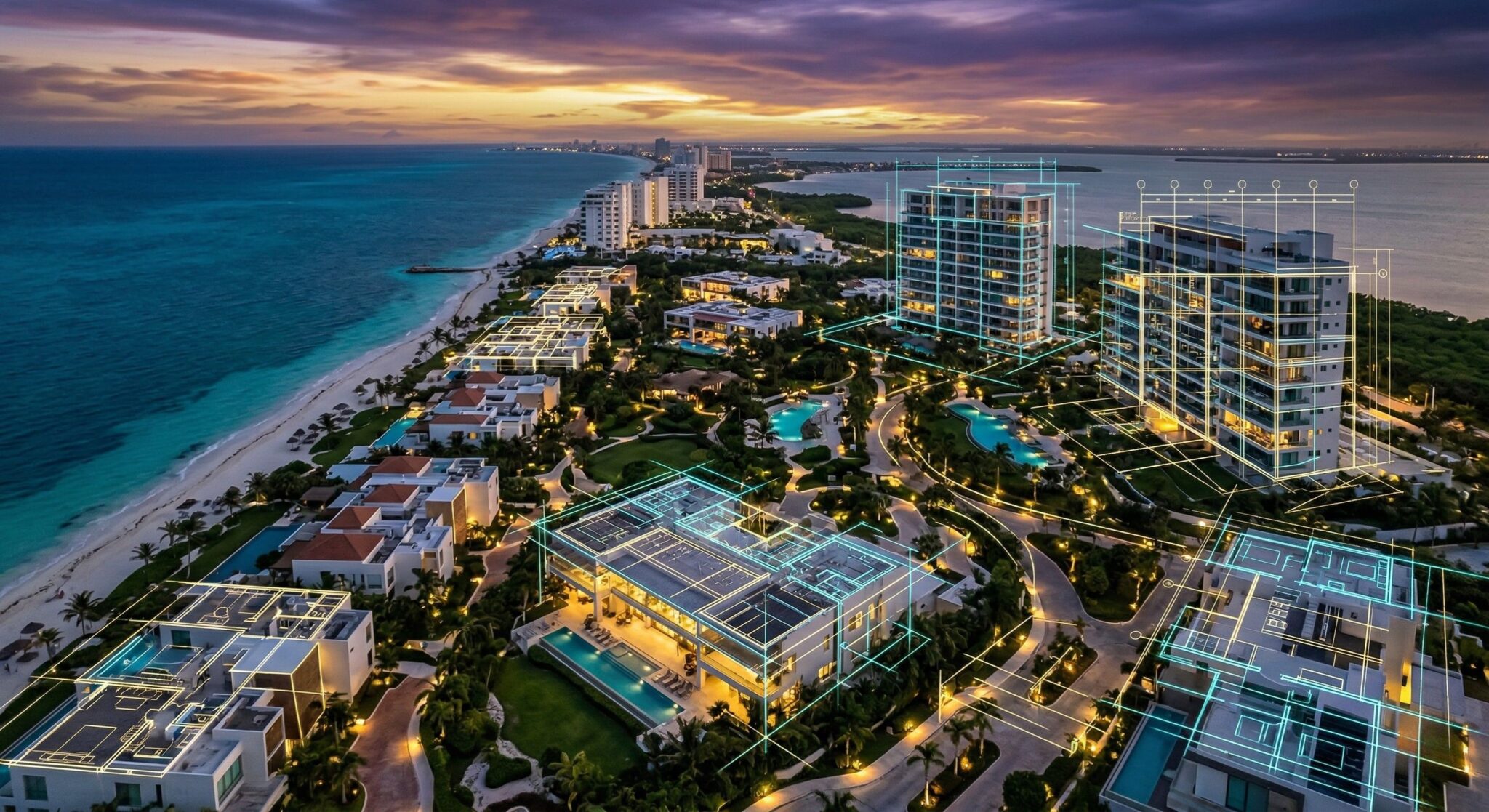 Fotografía aérea de desarrollo inmobiliario mostrando cuánto cuesta un terreno en Cancún.