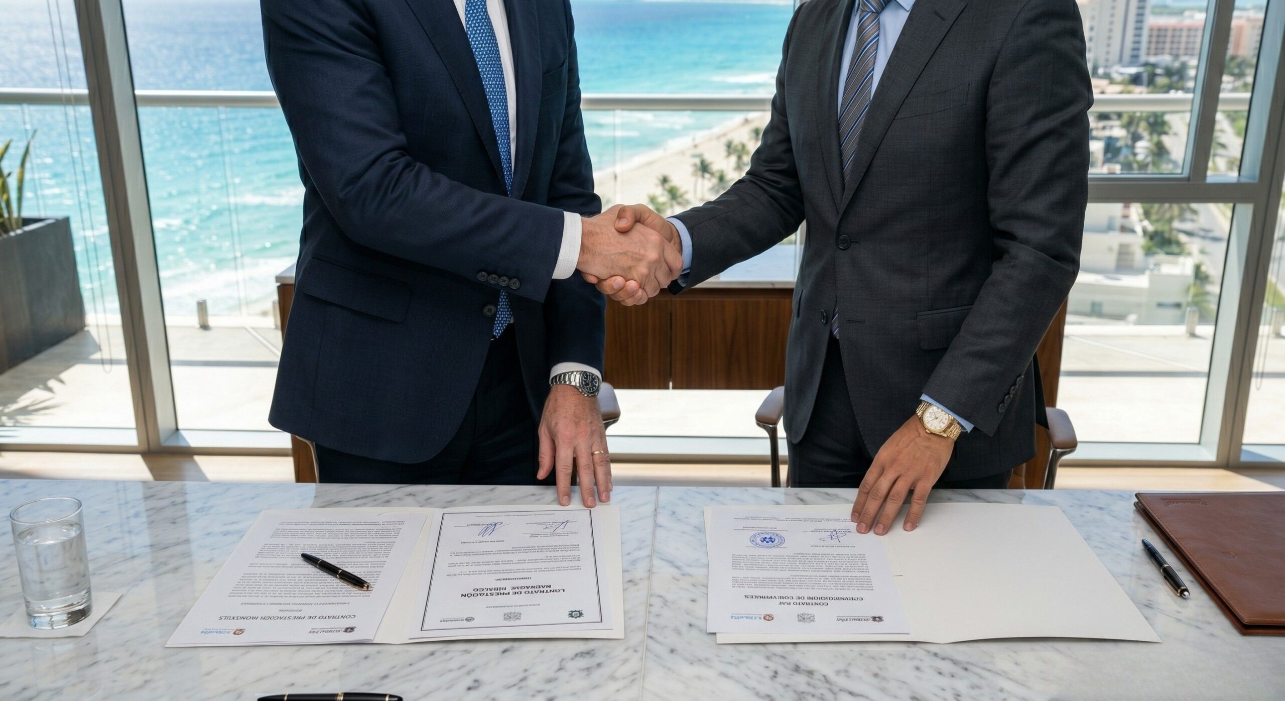 Ejecutivos firmando contratos y gestionando licencias de obra en Quintana Roo para evitar clausuras.