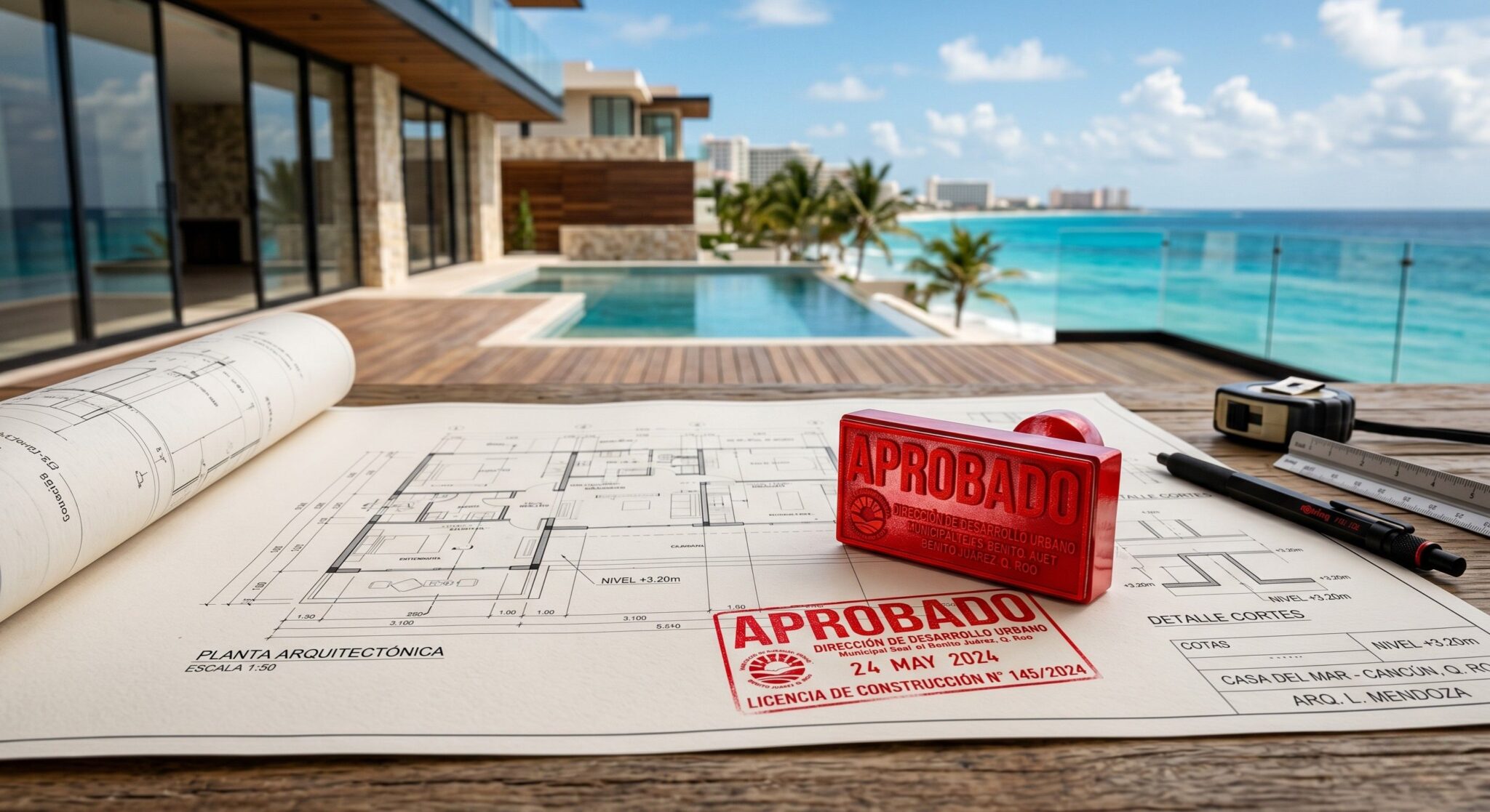 Sello de aprobación sobre planos para tramitar permisos de construcción en Cancún.